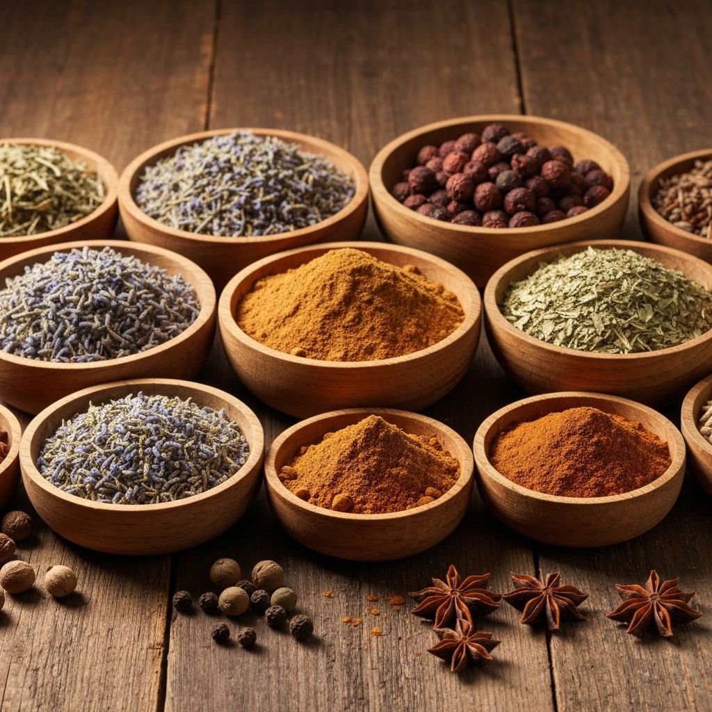 Συλλογή από διαφορετικά αποξηραμένα βότανα και μπαχαρικά σε ξύλινες επιφάνειες, τονίζοντας την ποικιλία των φυσικών συστατικών.