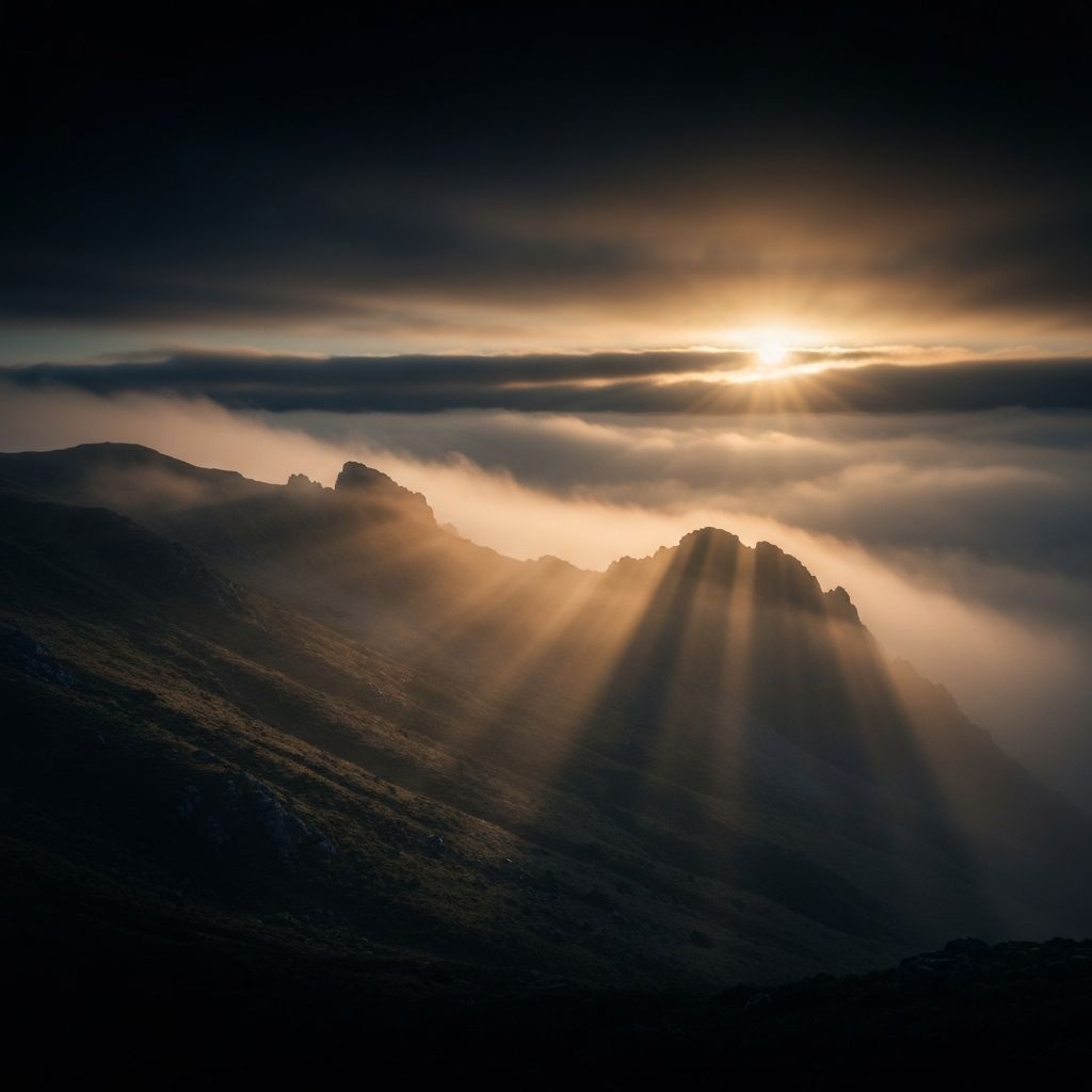 Άγριο τοπίο με ομίχλη και ανατέλλοντα ήλιο, συμβολίζοντας την ανακάλυψη και τη φυσική αφύπνιση.